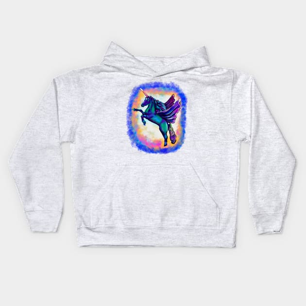 Unicorn - sparkly, glittery, magical, winged unicorn with rainbow background Kids Hoodie by Artonmytee